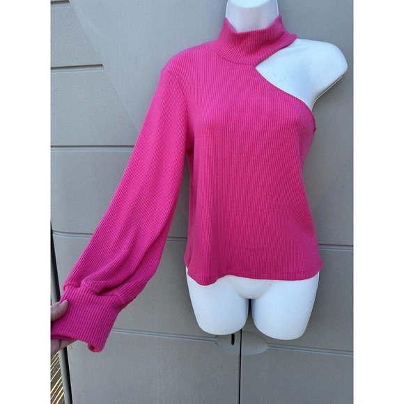 LNA MURPHY SWEATER ONE SHOULDER TURTLE KNECK LONG SLEEVES RIB TOP BARBIE PINK M - Picture 6 of 14